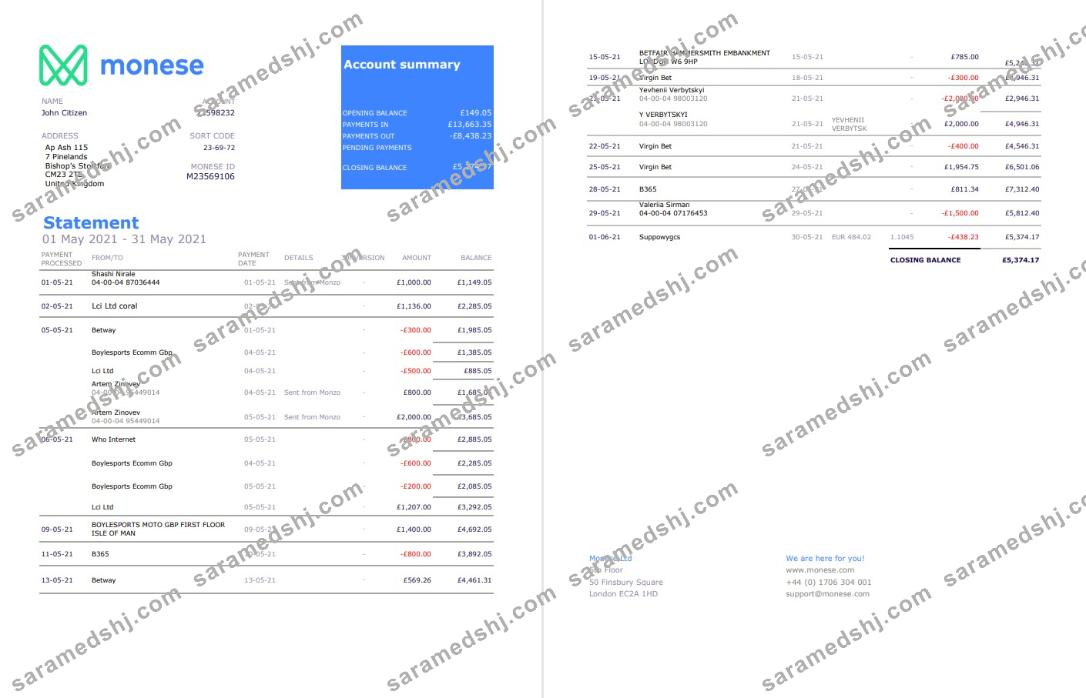 United Kingdom Monese bank statement template in Excel and PDF format, 2 pages2